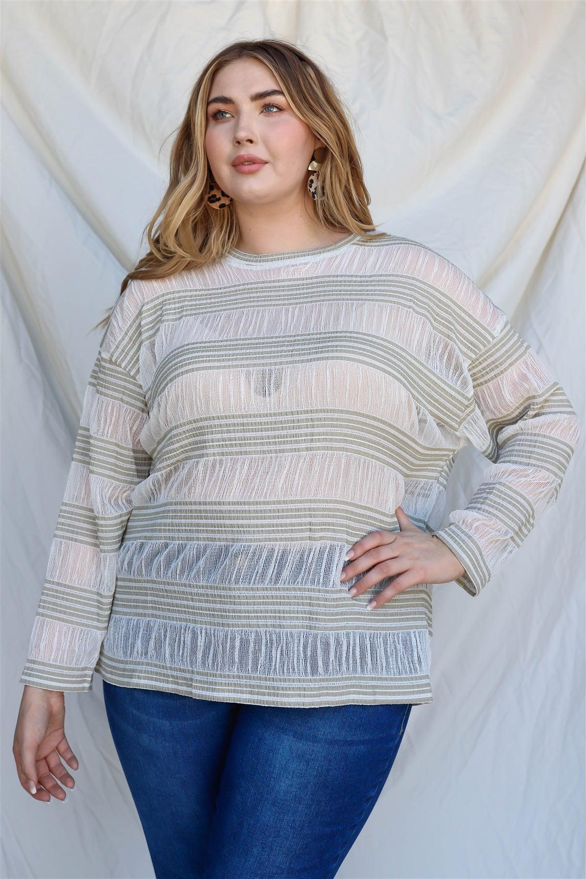 Junior Plus Sage Crochet Stripe Long Sleeve Semi-Sheer Top /2-2-1
