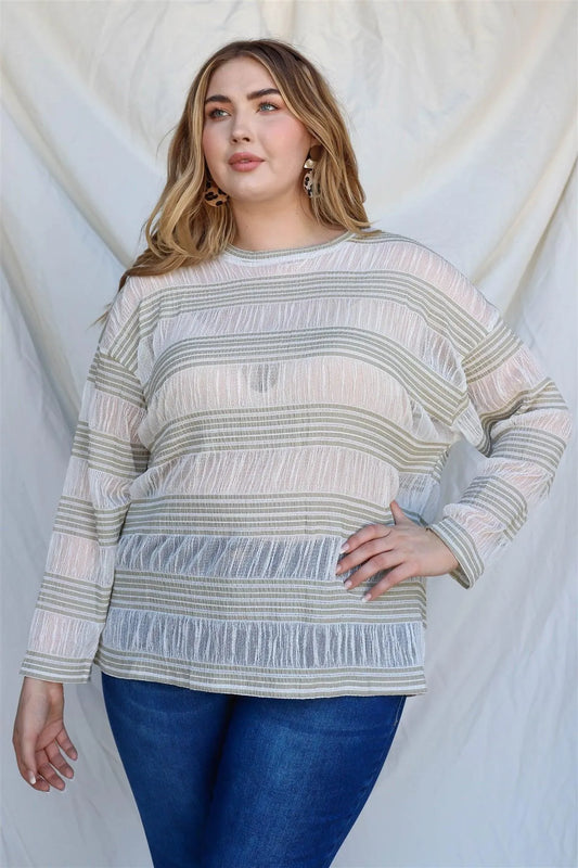 Junior Plus Sage Crochet Stripe Long Sleeve Semi-Sheer Top /3-2-1 - Tasha Apparel Wholesale