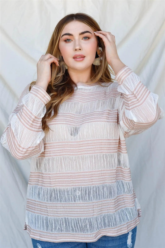 Junior Plus Tan Crochet Stripe Long Sleeve Semi-Sheer Top /1-2-1 - Tasha Apparel Wholesale