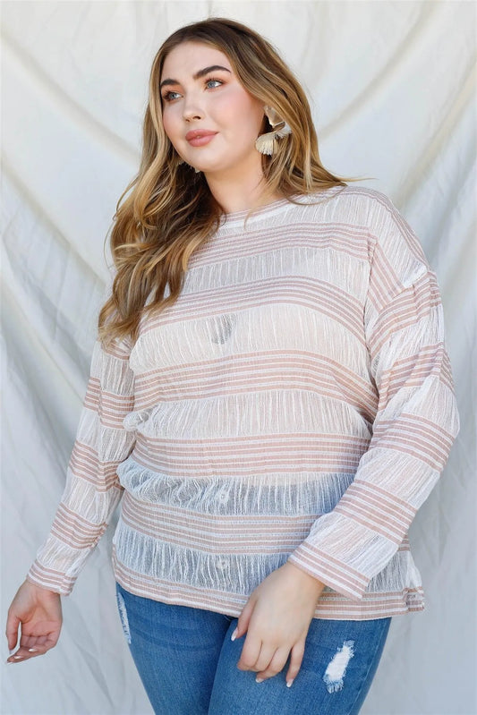 Junior Plus Tan Crochet Stripe Long Sleeve Semi-Sheer Top /3-2-1 - Tasha Apparel Wholesale