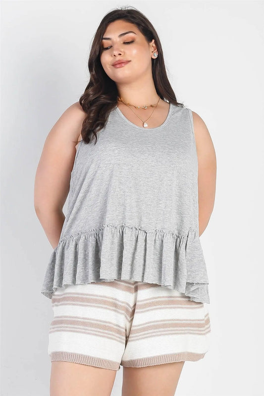 Junior Plus Heather Grey Textured Flare Hem Sleeveless Top /3-2-1 - Tasha Apparel Wholesale