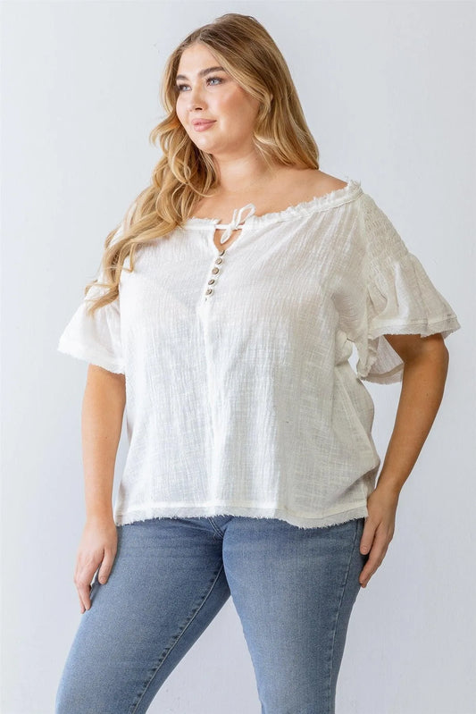 Junior Plus White Cotton Smocked Short Sleeve Button-Up Top /1-1-1 - Tasha Apparel Wholesale
