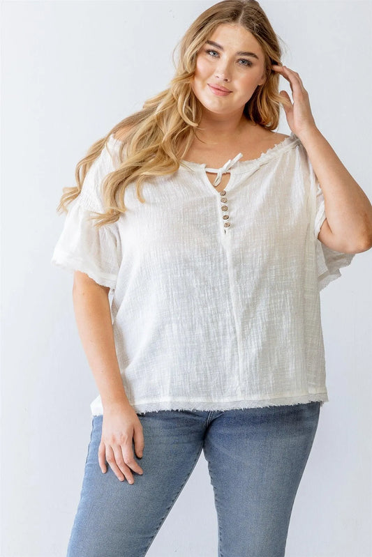 Junior Plus White Cotton Smocked Short Sleeve Button-Up Top /3-2-1 - Tasha Apparel Wholesale