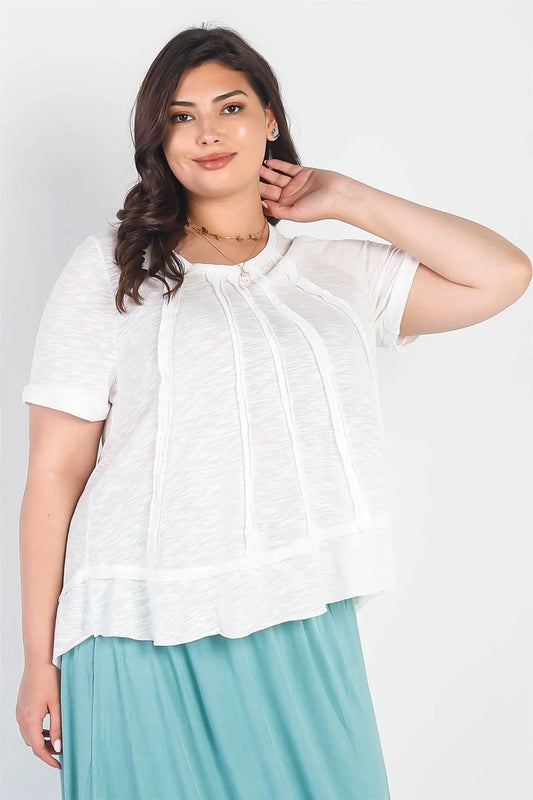 Junior Plus White Trim Detail Round Neck Short Sleeve Top /3-2-1 - Tasha Apparel Wholesale