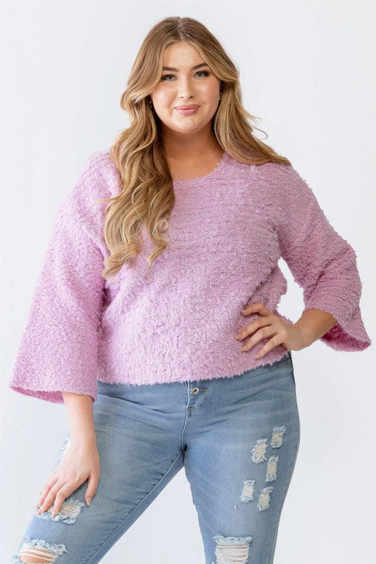 Junior Plus Lavender Heavy Textured Knit Long Sleeve Sweater /3-1-1 - Tasha Apparel Wholesale