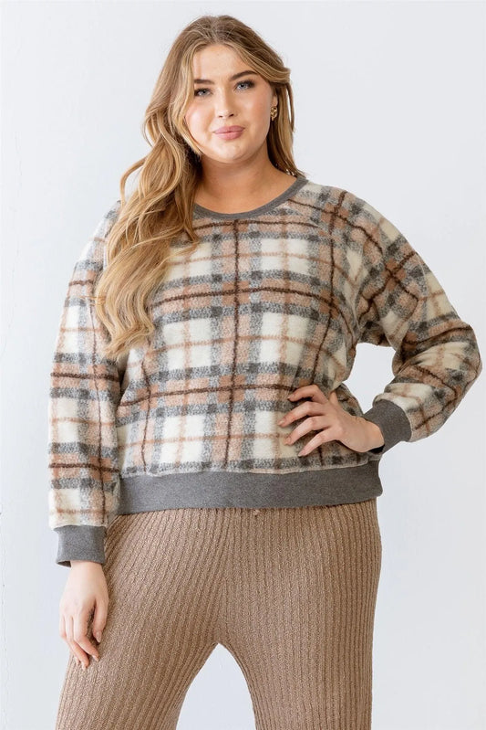 Junior Plus Mocha Wildfire Plaid Cotton Blend Long Sleeve Sweater /1-2-1 - Tasha Apparel Wholesale