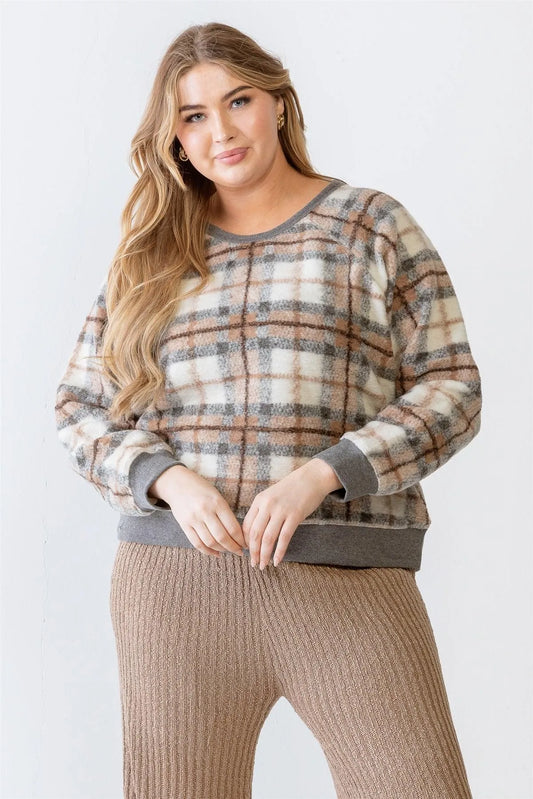 Junior Plus Mocha Wildfire Plaid Cotton Blend Long Sleeve Sweatshirt /3-2-1 - Tasha Apparel Wholesale