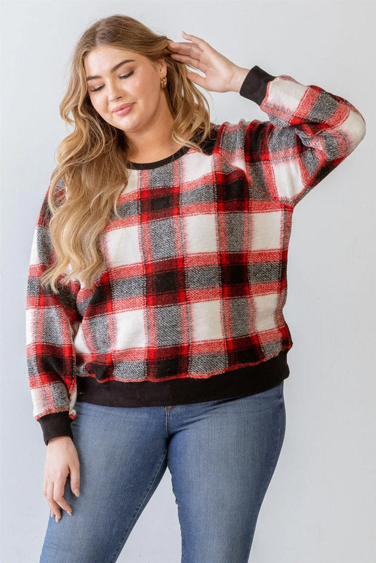Junior Plus Red Wildfire Plaid Cotton Blend Long Sleeve Sweatshirt /3-2-1 - Tasha Apparel Wholesale