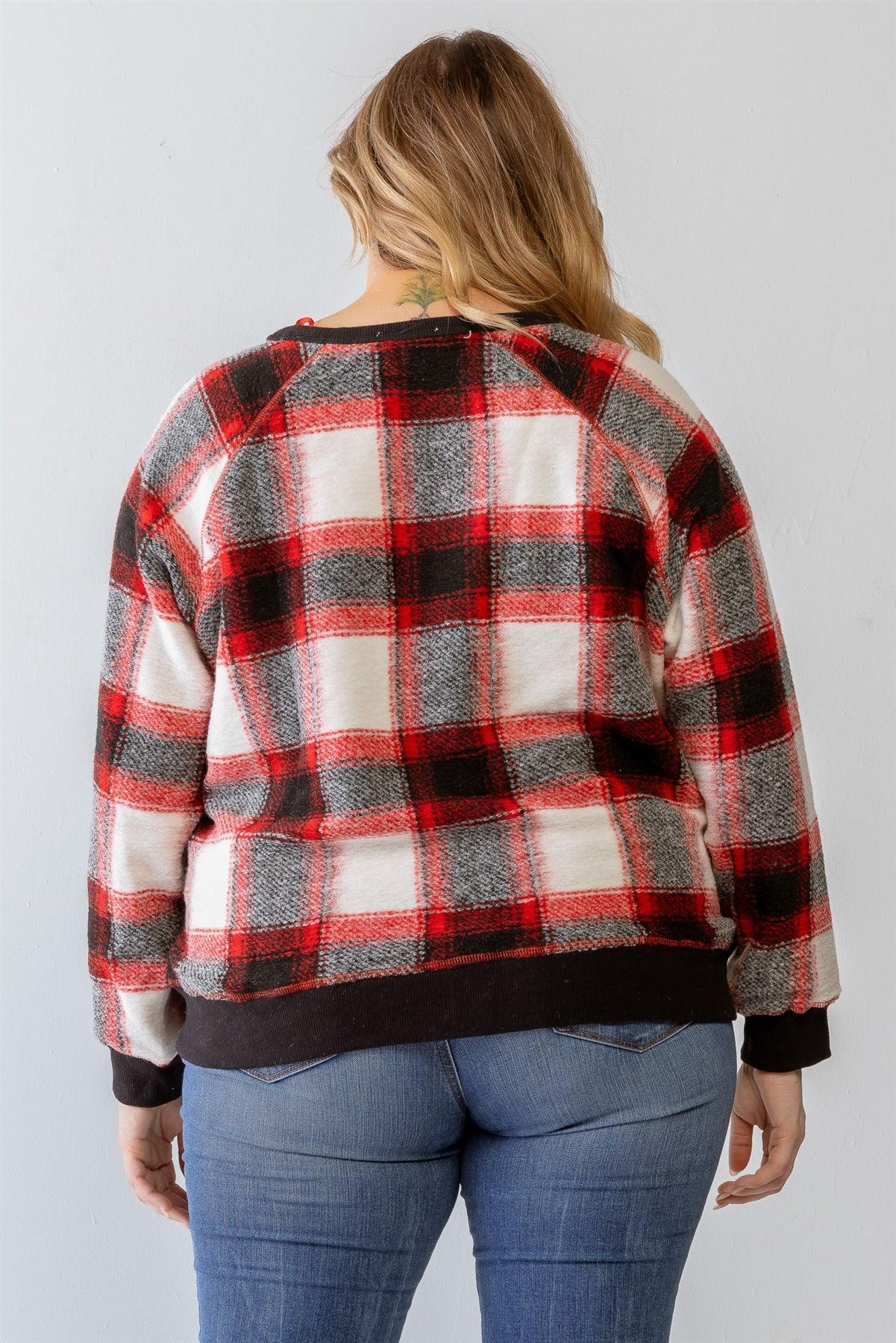Junior Plus Red Wildfire Plaid Cotton Blend Long Sleeve Sweater /3-2-1
