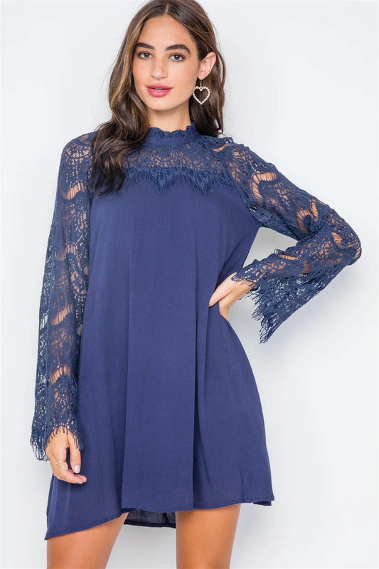 Navy Mock-Neck Contrast Sleeves Dress - Tasha Apparel Wholesale