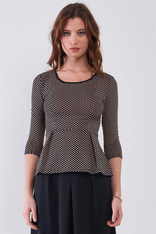Blush & Black Polka Dot Pattern Print Scoop Neck Midi Sleeve Fit & Flare Top /2-1-3-1 - Tasha Apparel Wholesale