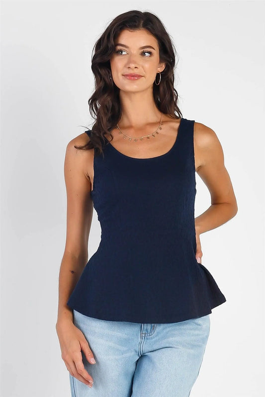 Navy Wrinkled Sleeveless Scoop Neck & Back Fit & Flare Top /1-2-2-1 - Tasha Apparel Wholesale