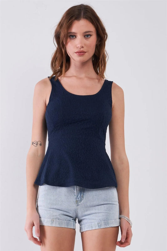 Navy Wrinkled Sleeveless Scoop Neck & Back Fit & Flare Top /1-2-3 - Tasha Apparel Wholesale