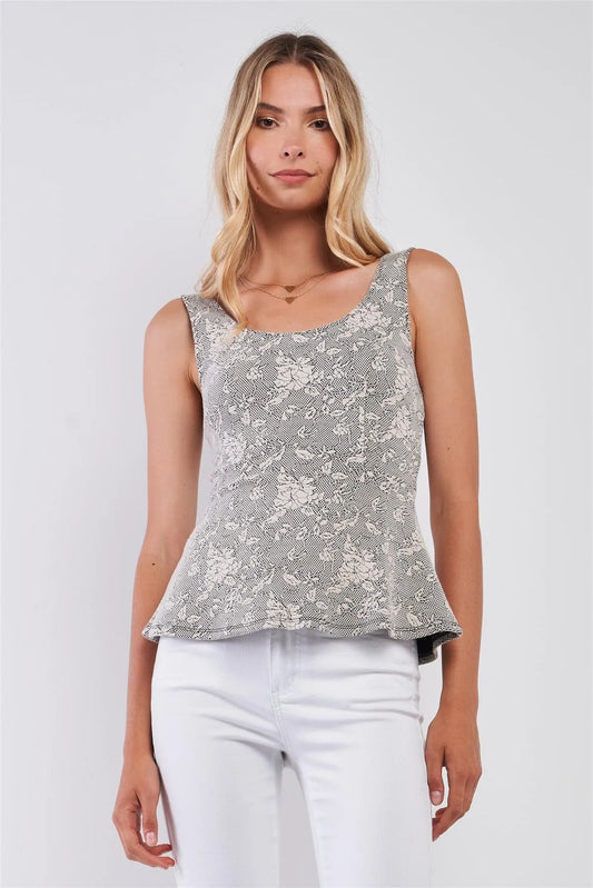 Ivory & Black Floral Bullet Printed Sleeveless Scoop Neck Fit & Flare Top /1-2-2-1 - Tasha Apparel Wholesale