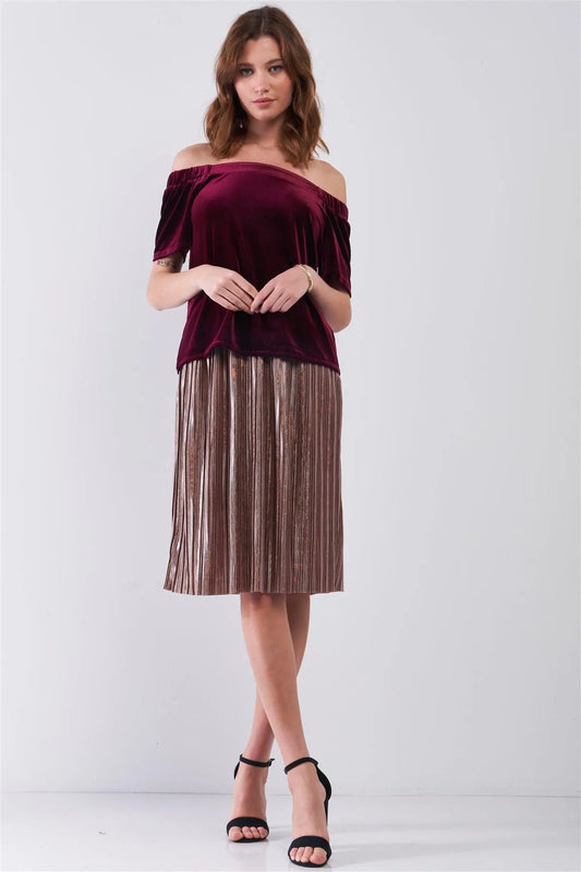Burgundy Velvet Off-The-Shoulder Short Sleeve Relaxed Top /1-2-2-1 - Tasha Apparel Wholesale
