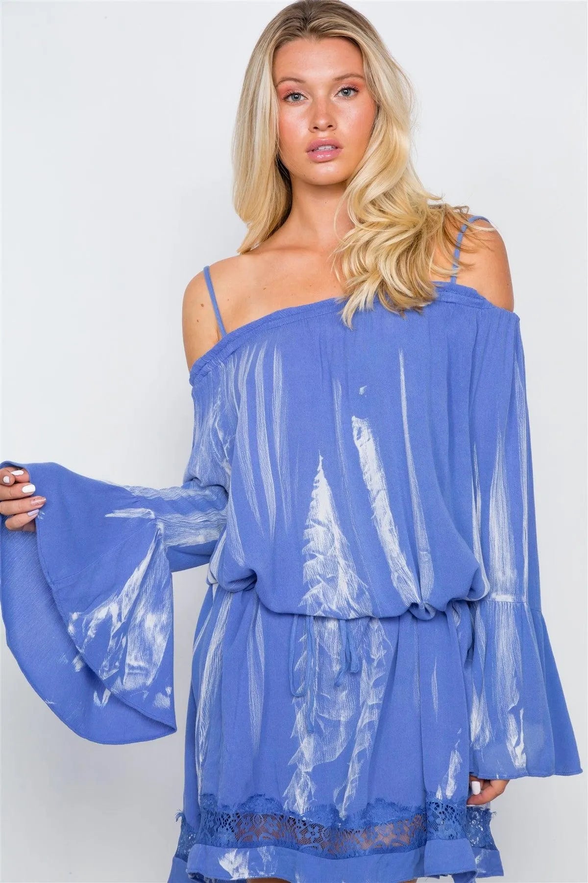 Blue Bell Sleeves Tie Dye Boho Mini Dress /2-2-2 - Tasha Apparel Wholesale