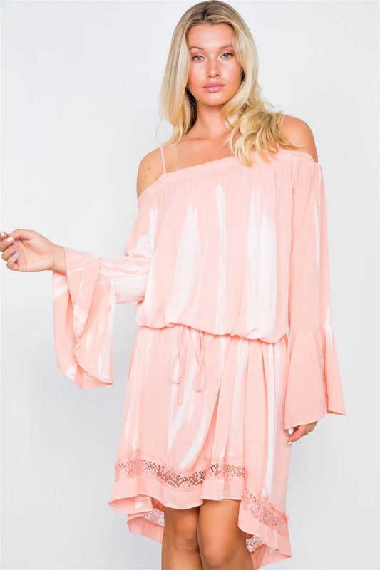 Indian Pink Bell Sleeves Tie Dye Boho Mini Dress /2-2-2 - Tasha Apparel Wholesale
