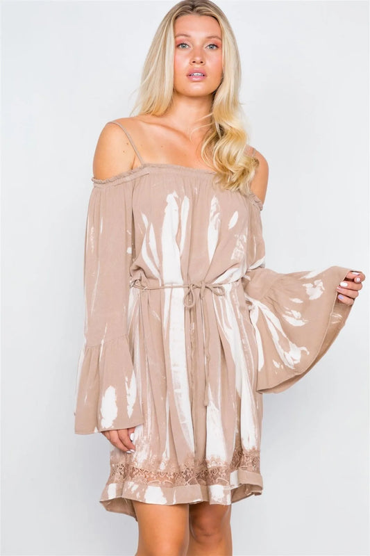 Tan Bell Sleeves Tie Dye Boho Mini Dress /2-2-2 - Tasha Apparel Wholesale