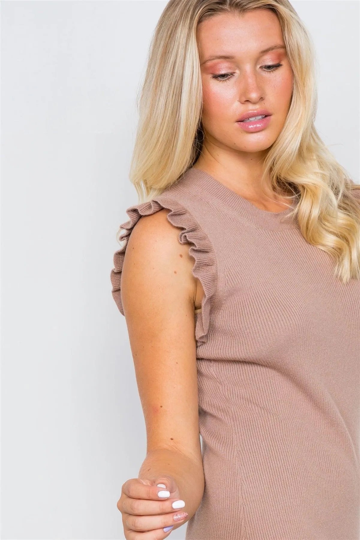 Ruffle Sleeve Mocha Knit Ribbed Bodycon Mini Dress - Tasha Apparel Wholesale