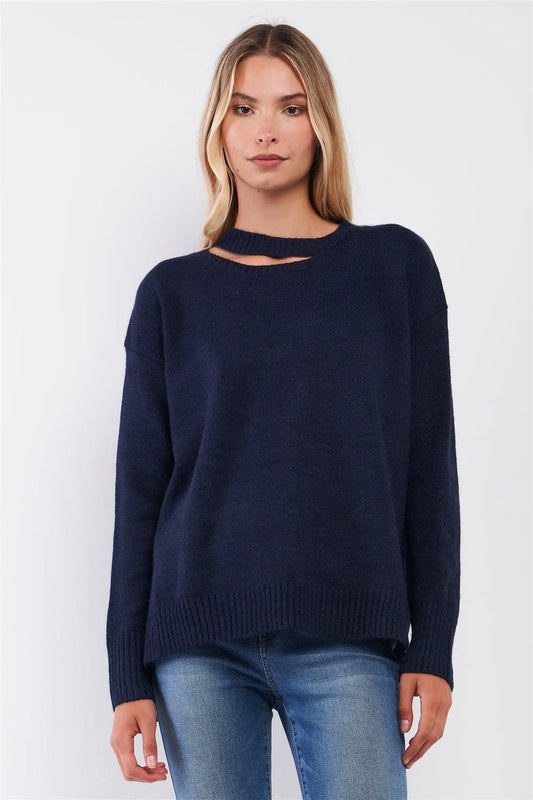 Navy Crew Neck With Cut-Out Detail Long Sleeve Loose Fit Sweater /3-3 - Tasha Apparel Wholesale