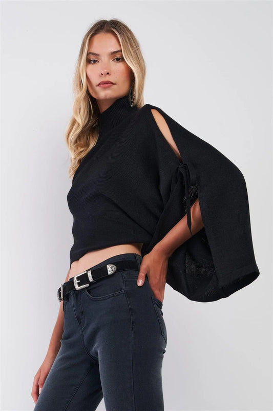 Black One-Shoulder Turtle Neck Bat Sleeve With Slit Cropped Sweaters /3-2-1 - Tasha Apparel Wholesale