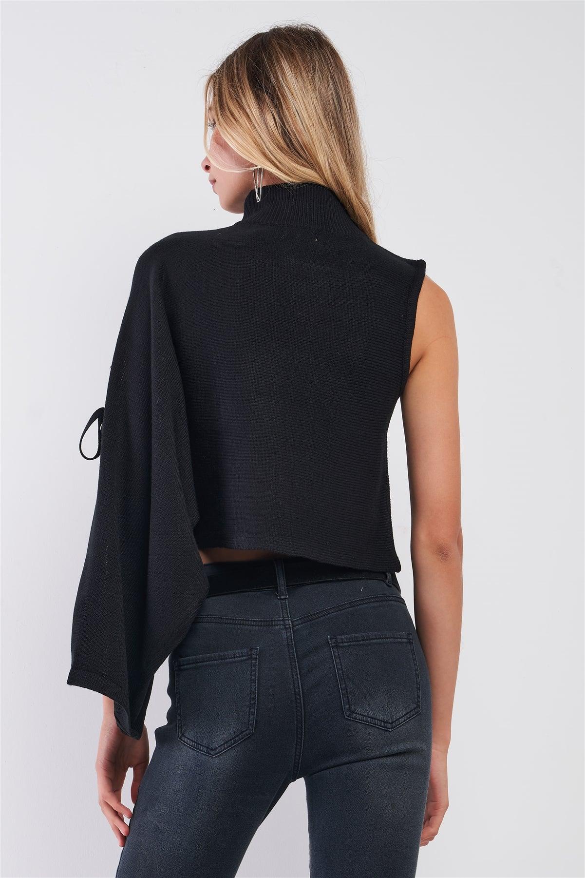 Black One-Shoulder Turtle Neck Bat Sleeve With Slit Cropped Sweaters /3-2-1