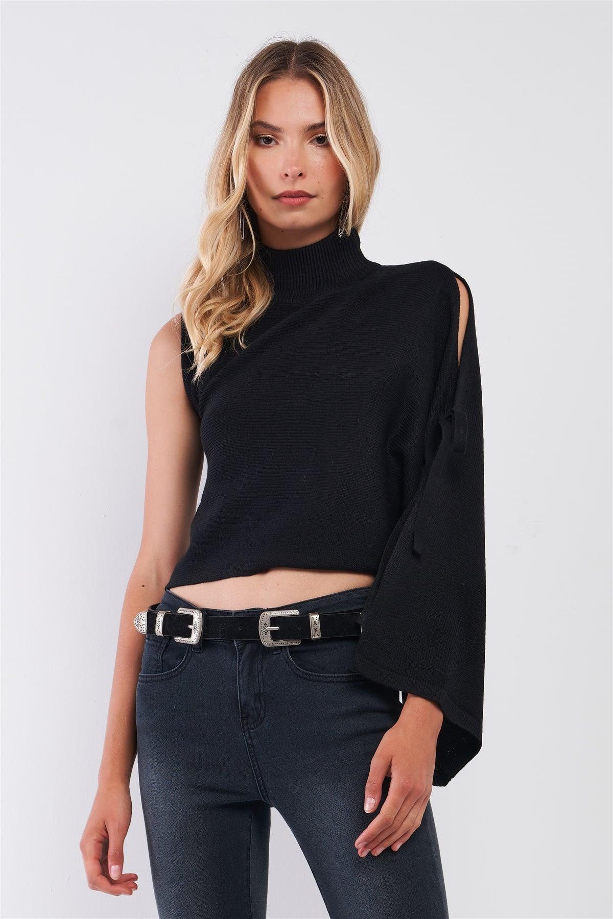 Black One-Shoulder Turtle Neck Bat Sleeve With Slit Cropped Sweaters /3-2-1