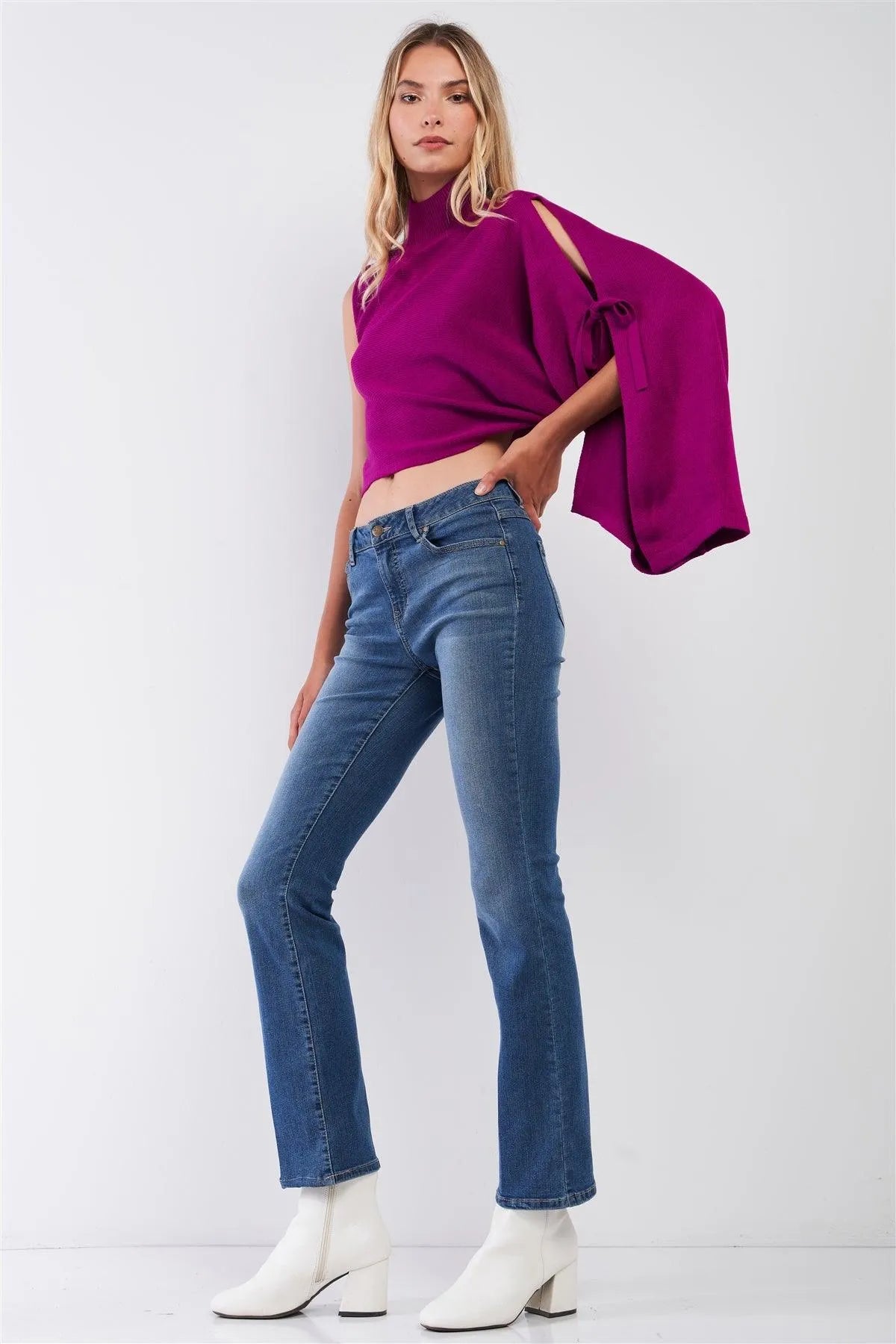 Fuchsia One-Shoulder Turtle Neck Bat Sleeve With Slit Cropped Sweaters /3-2-1 - Tasha Apparel Wholesale