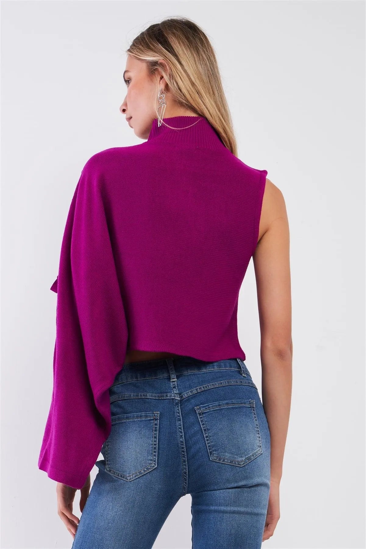 Fuchsia One-Shoulder Turtle Neck Bat Sleeve With Slit Cropped Sweaters /3-2-1 - Tasha Apparel Wholesale