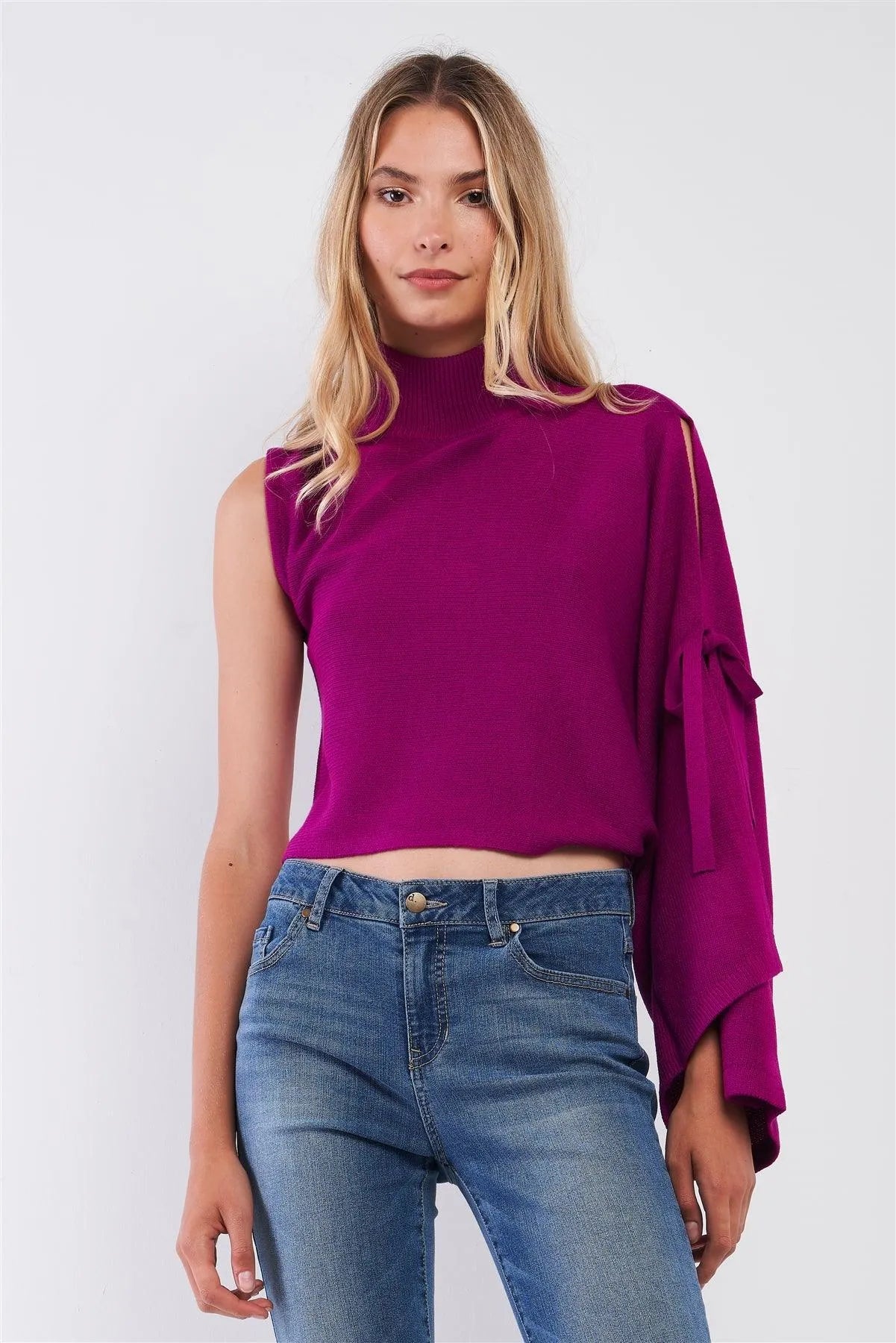 Fuchsia One-Shoulder Turtle Neck Bat Sleeve With Slit Cropped Sweaters /3-2-1 - Tasha Apparel Wholesale