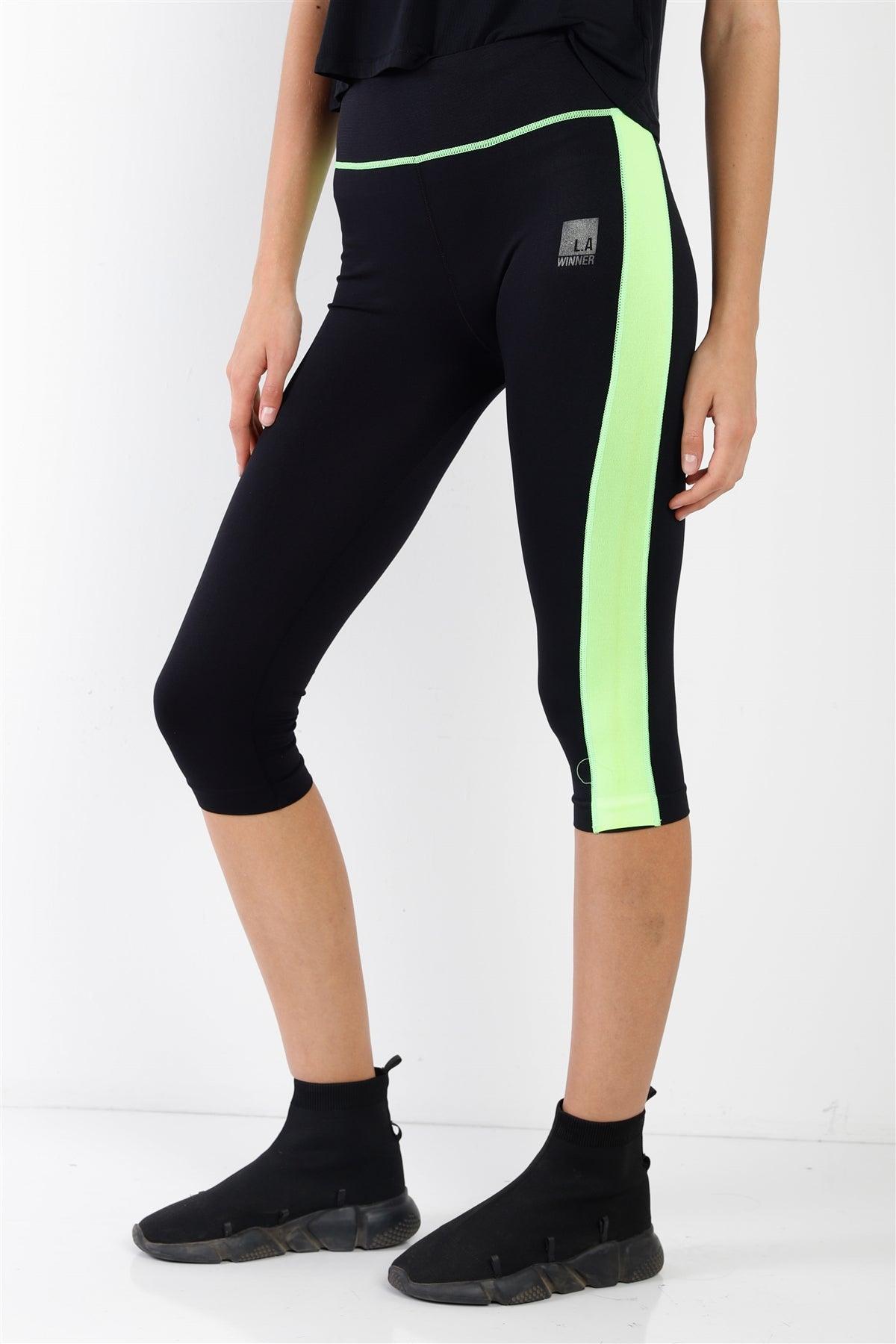 Black Green Contrast Stripe Active Sporty Leggings /5-5