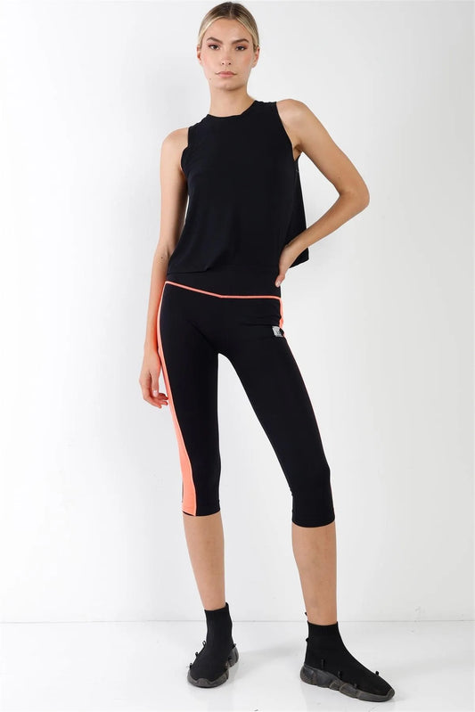 Black Orange Contrast Stripe Active Sporty Leggings /5-5 - Tasha Apparel Wholesale