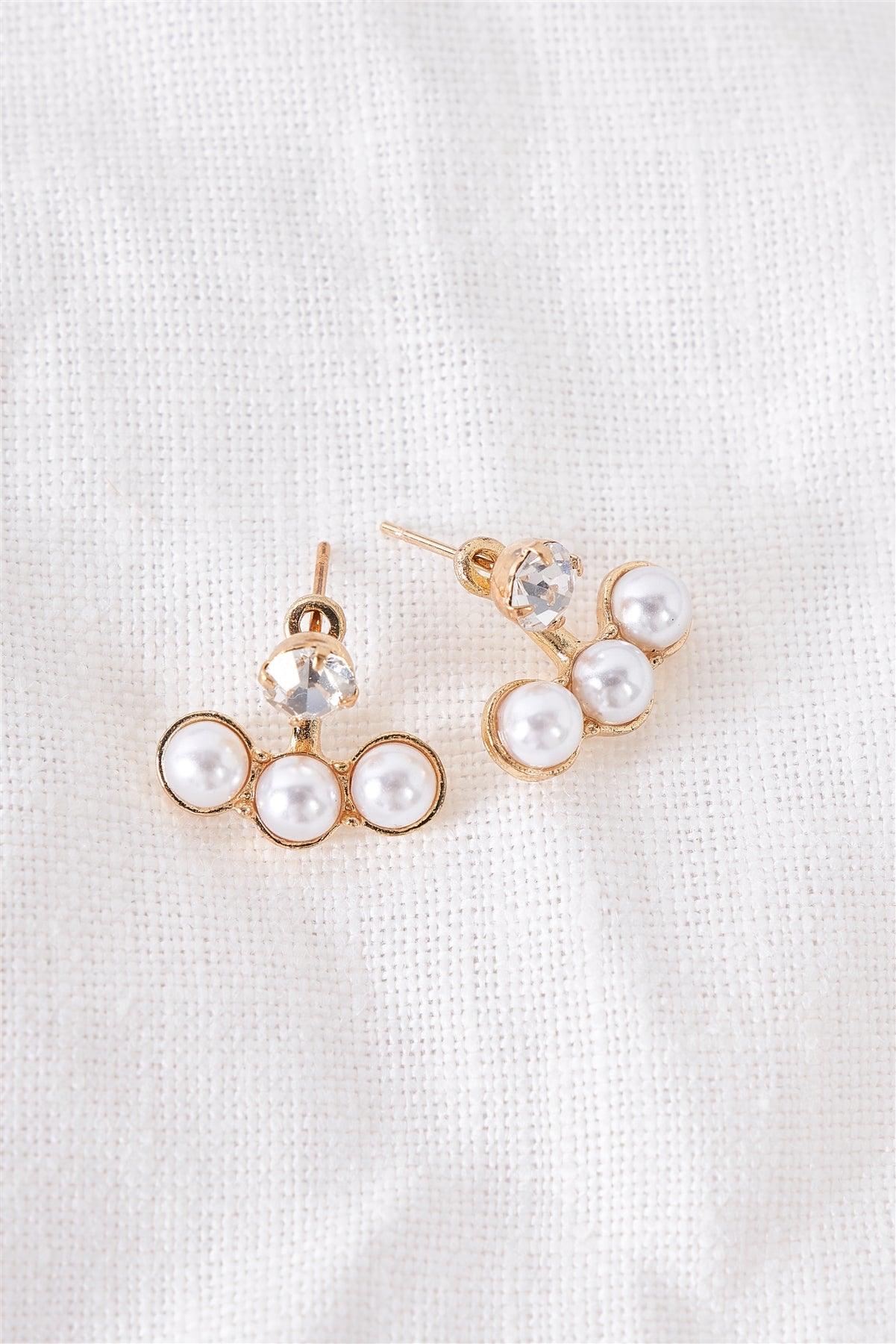 Front Back Gold Tripple Pearl Faux Diamond Stud Earrings /3 Pairs
