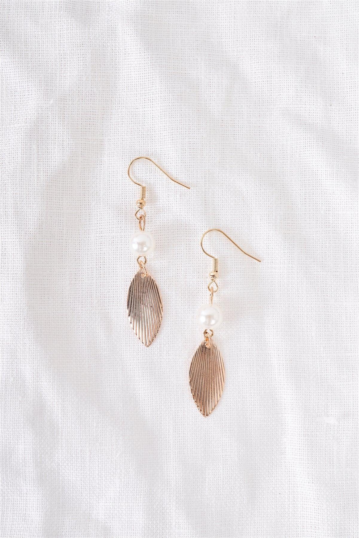 Gold & Pearl Feather Drop Earrings / 3 Pairs