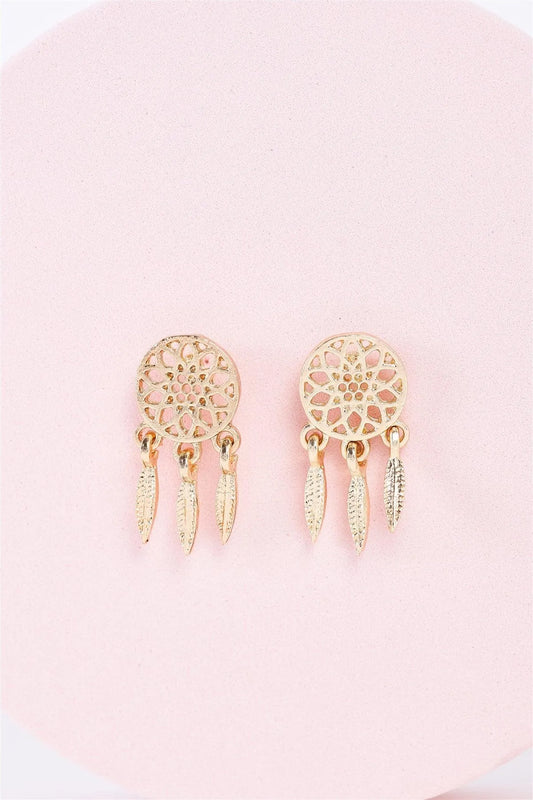 Small Dreamcatcher Gold Stud Dangle Drop Earrings Earrings /3 Pairs - Tasha Apparel Wholesale
