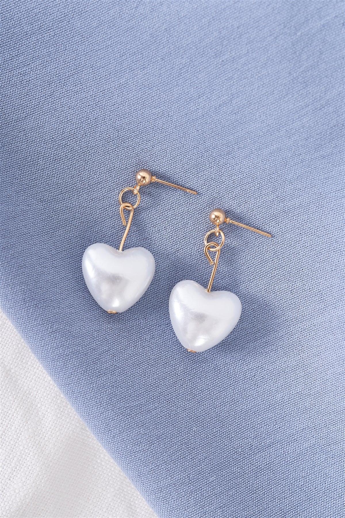 Gold Heart Shape Pearl Drop Earrings /3 Piece