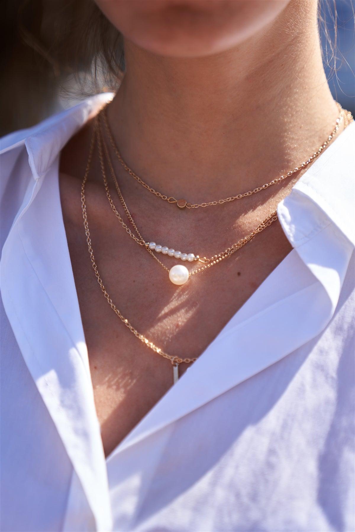 Gold Triple Length Chain Pearl Detail Necklace /3 Pieces