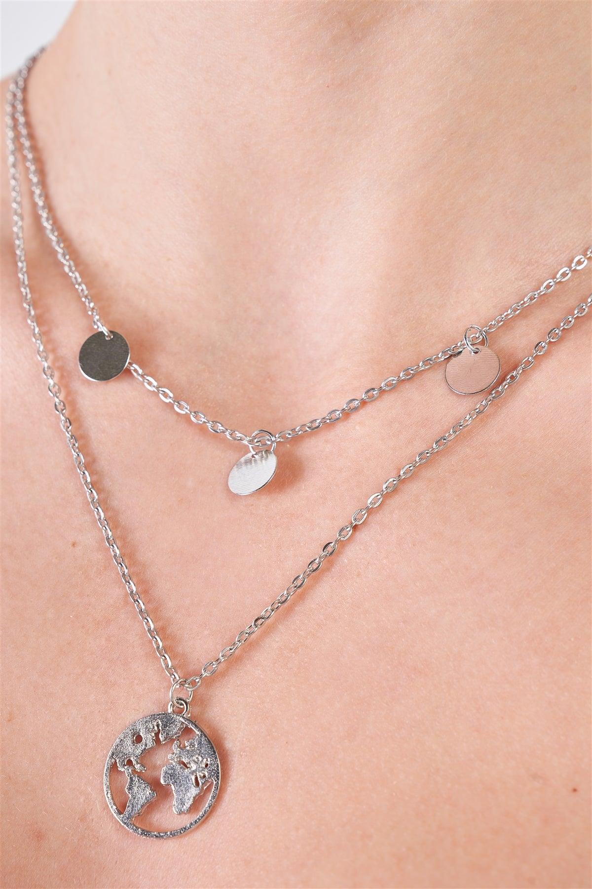 Silver Layered Globe Charmed Necklace / 3 Pieces