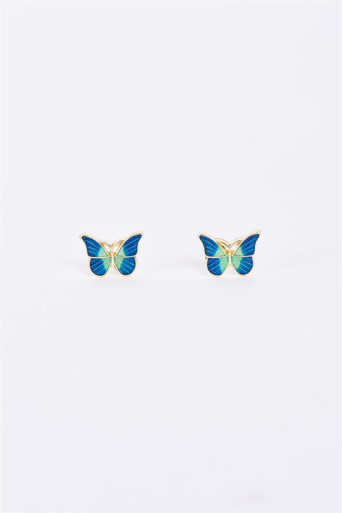 Gold & Blue Small Butterfly Stud Earrings /3 Pairs