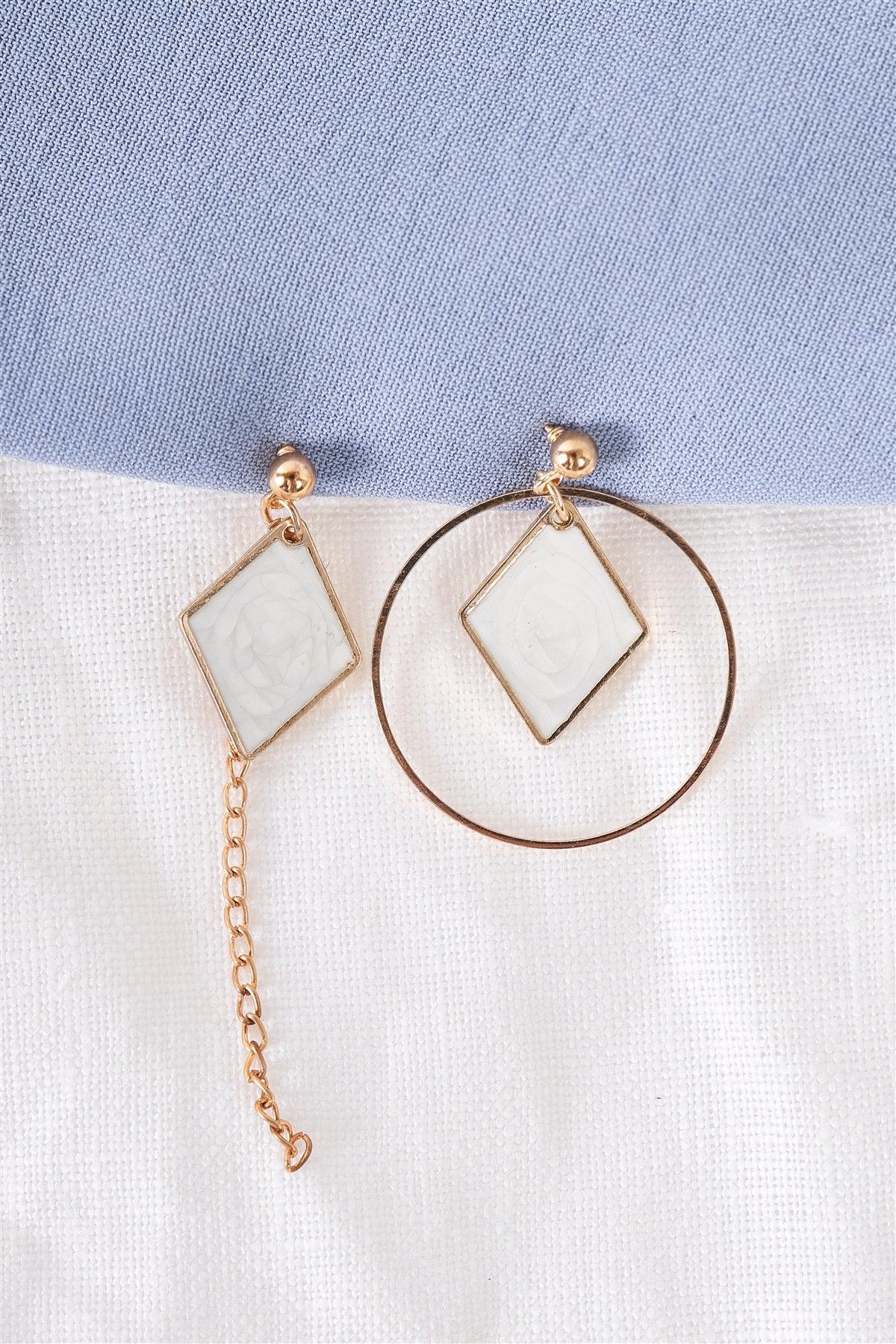 Gold & White Rhombus Asymmetrical Earrings / 3 Pairs