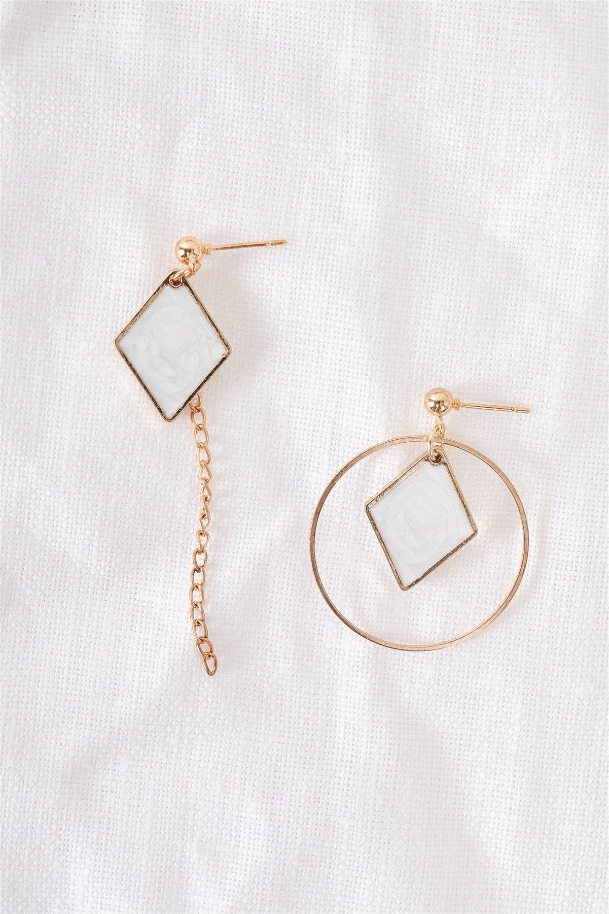 Gold & White Rhombus Asymmetrical Earrings / 3 Pairs