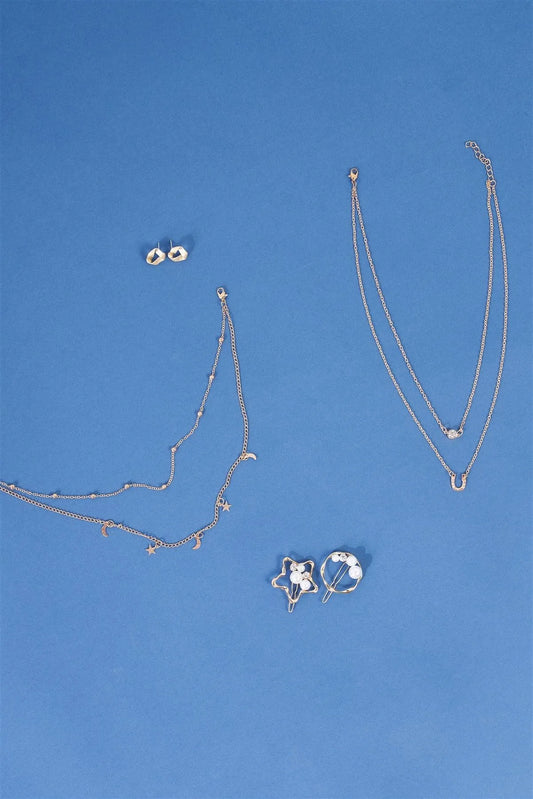 Night Sky Star Moon Gold Beaded Double Chocker Necklace /3 Pieces - Tasha Apparel Wholesale