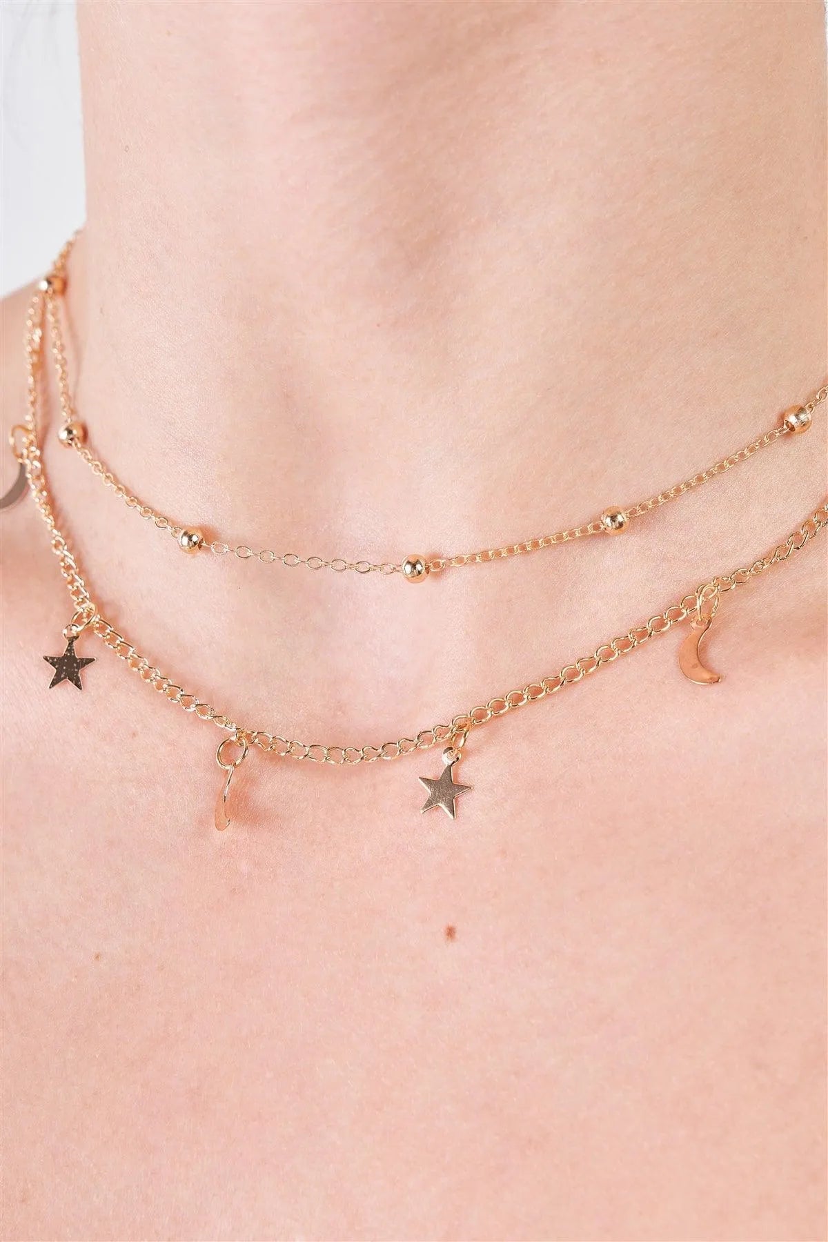 Night Sky Star Moon Gold Beaded Double Chocker Necklace /3 Pieces - Tasha Apparel Wholesale