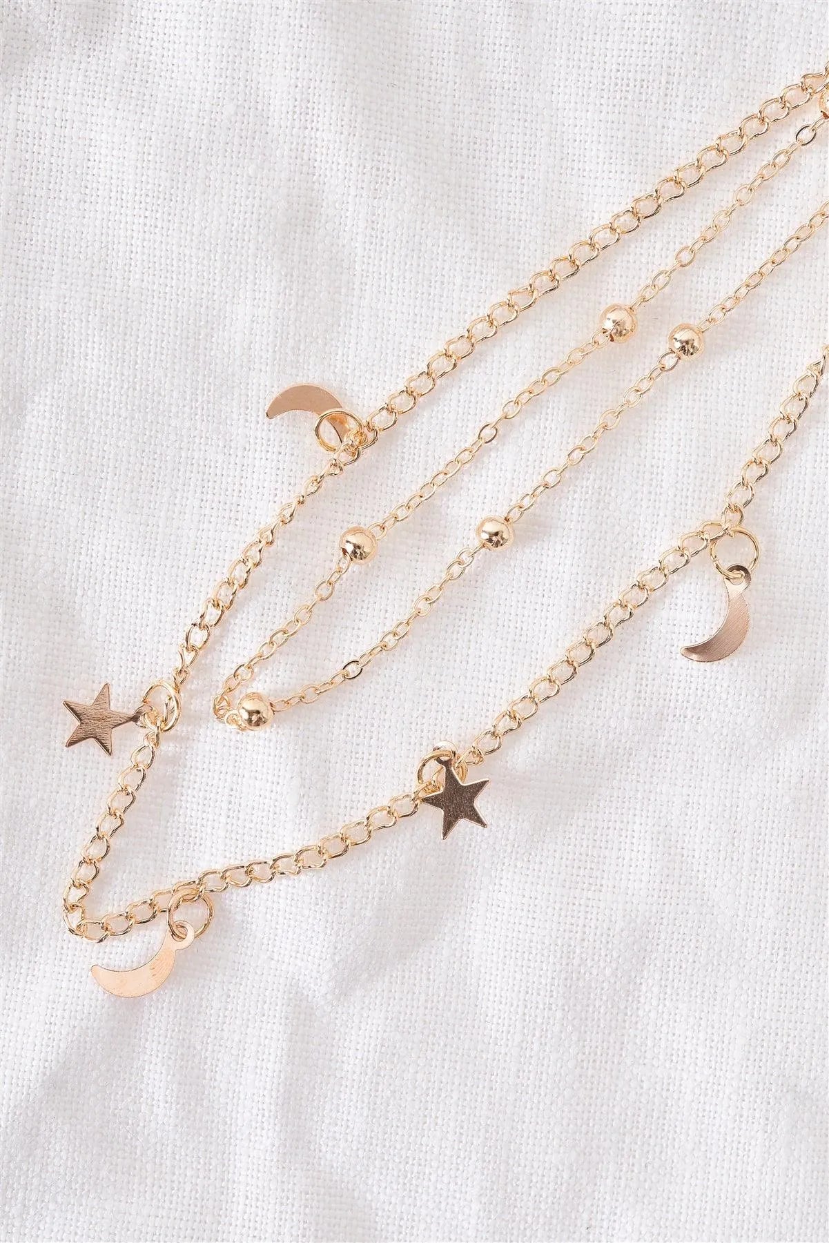 Night Sky Star Moon Gold Beaded Double Chocker Necklace /3 Pieces - Tasha Apparel Wholesale