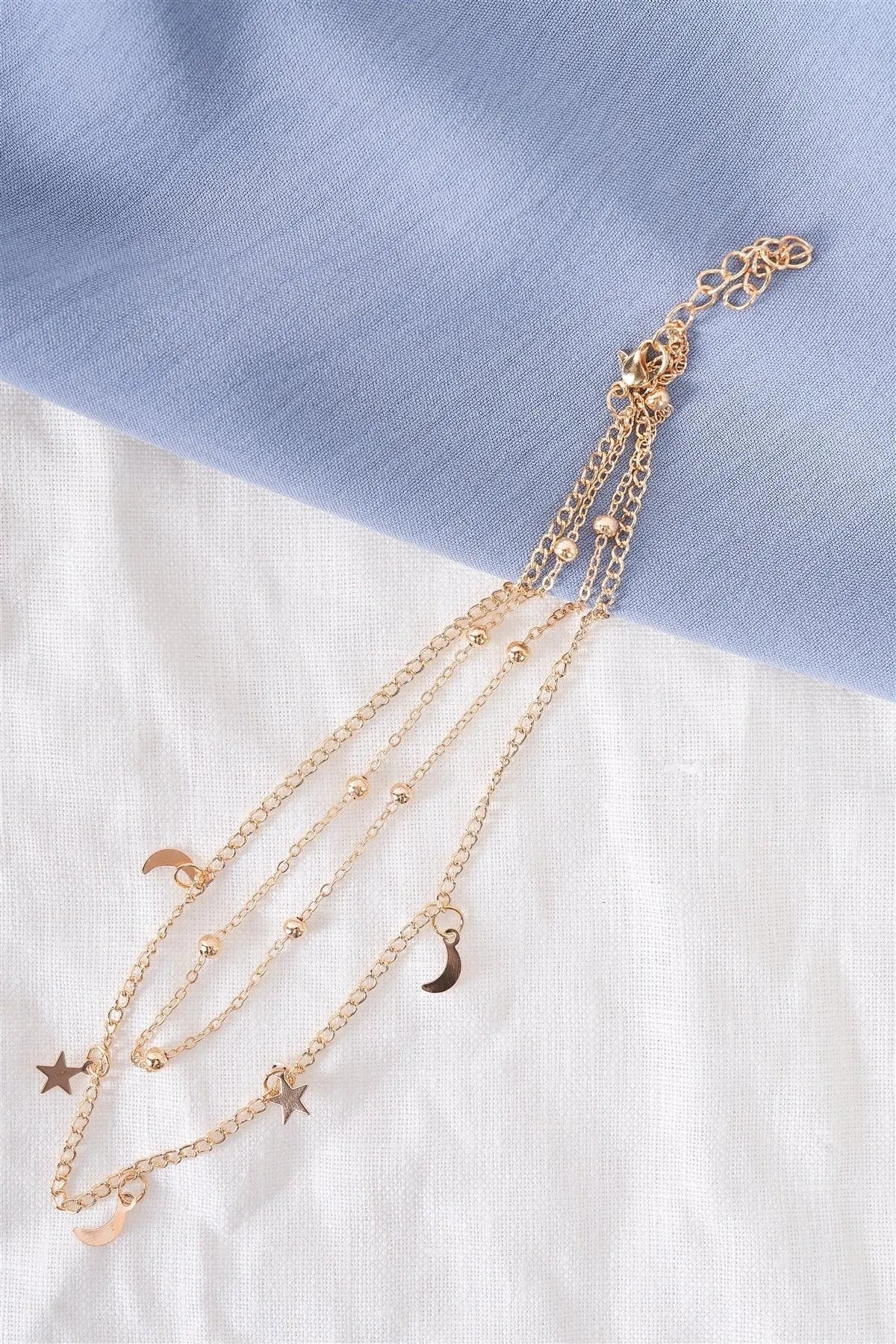 Night Sky Star Moon Gold Beaded Double Chocker Necklace /3 Pieces - Tasha Apparel Wholesale