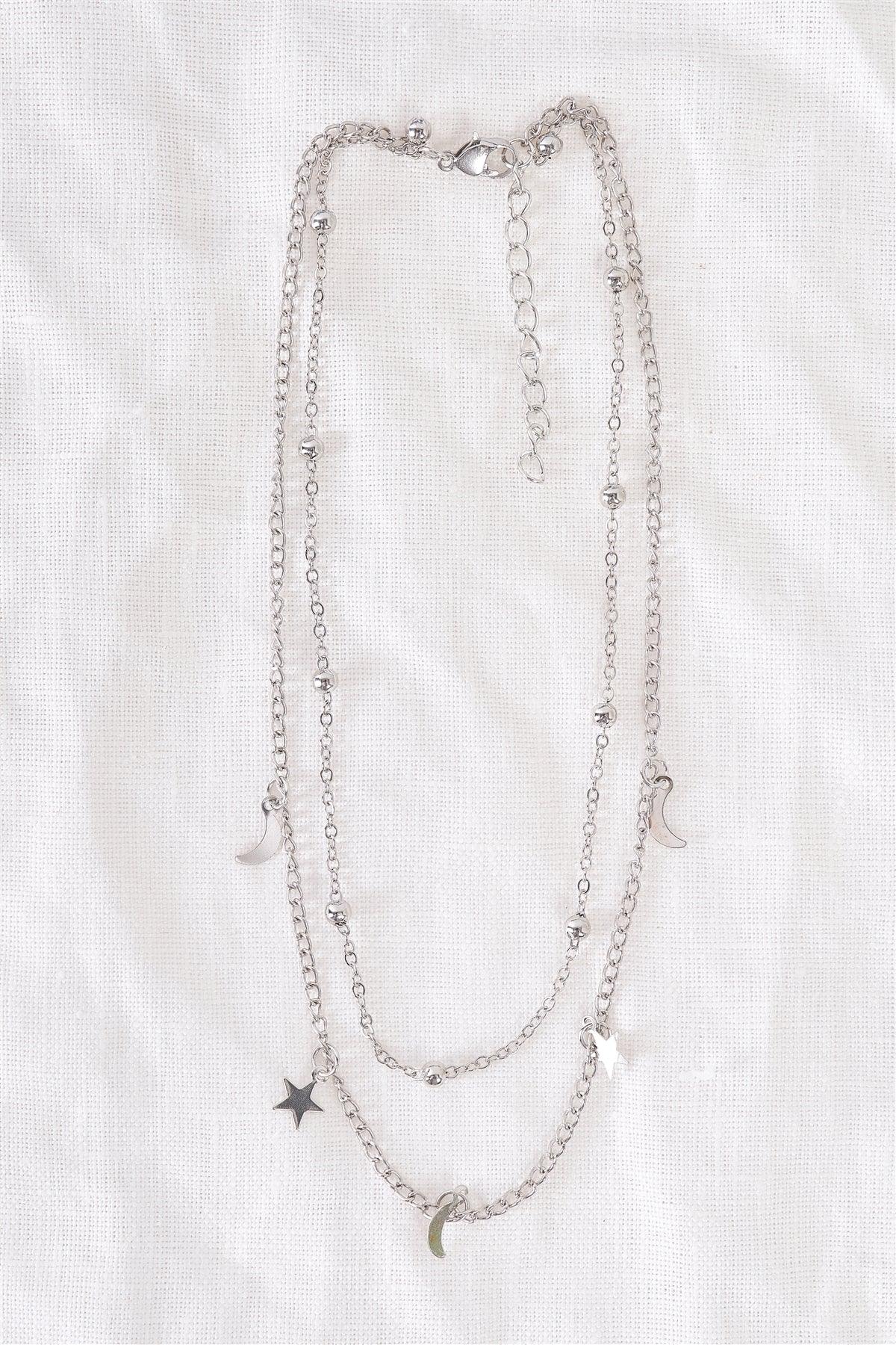 Night Sky Star Moon Silver Beaded Double Chocker Necklace /3 Pieces