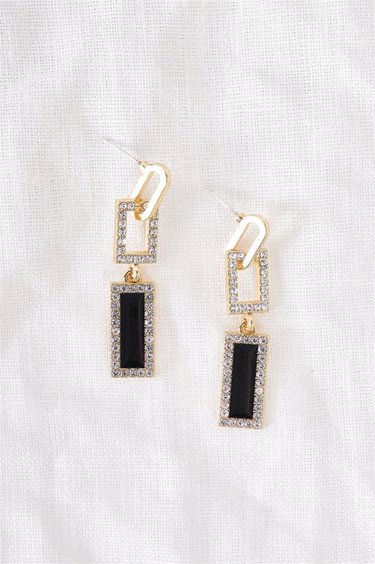 Gold & Black Rhinestone Geo Linked Drop Earrings - Tasha Apparel Wholesale
