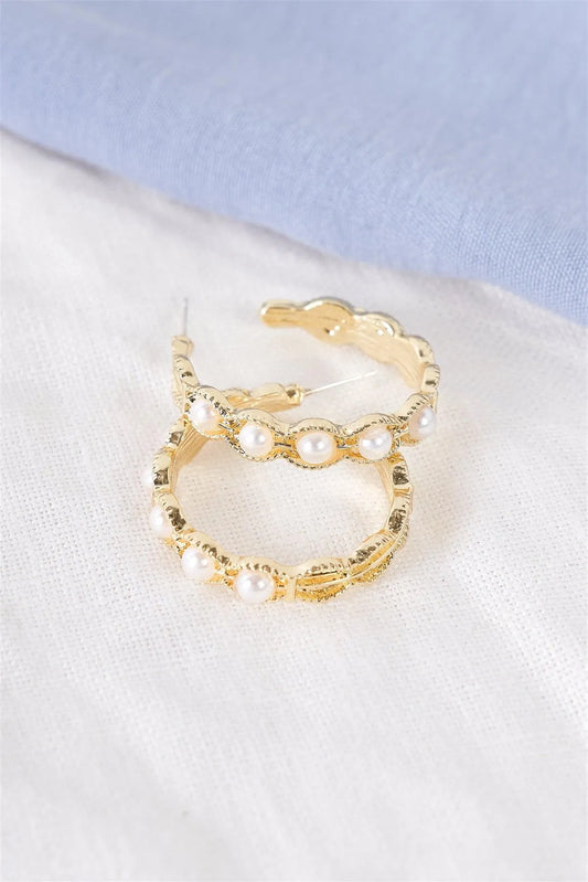 Boho Gold Pearl Scalloped Huggie Hoop Earrings - Tasha Apparel Wholesale