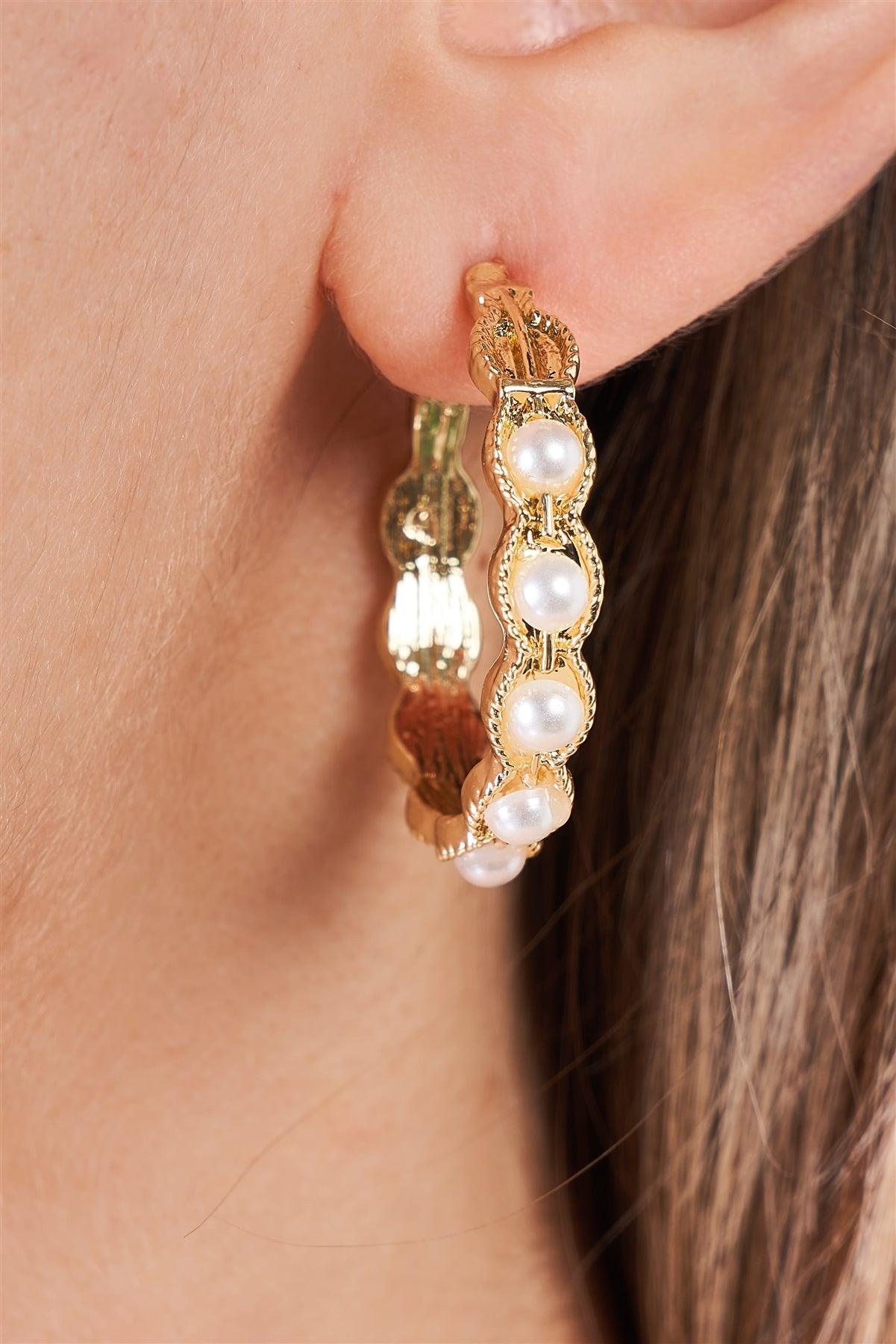 Boho Gold Pearl Scalloped Huggie Hoop Earrings /3 Pieces