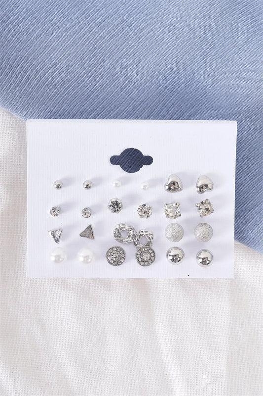 Silver Verity Stud Earrings Set of 12 Pairs - Tasha Apparel Wholesale